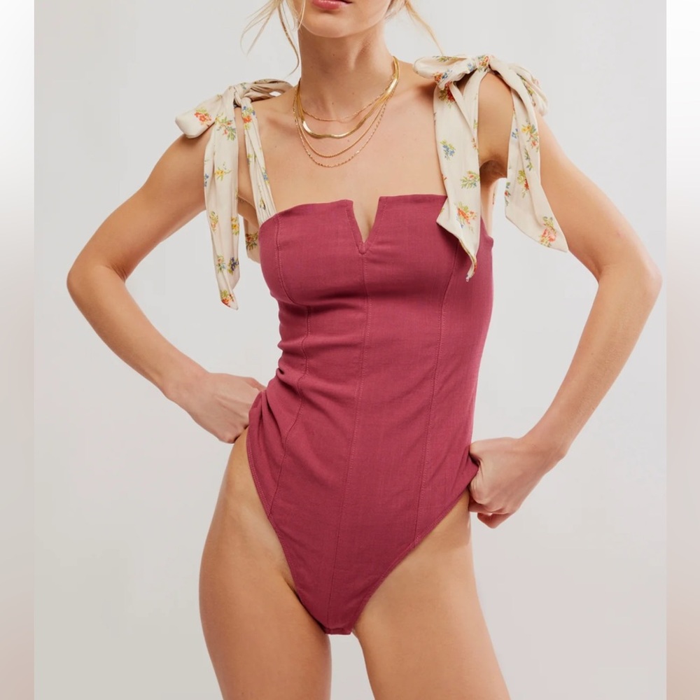 Free People Dusty Rose Tie-Shoulder Bodysuit